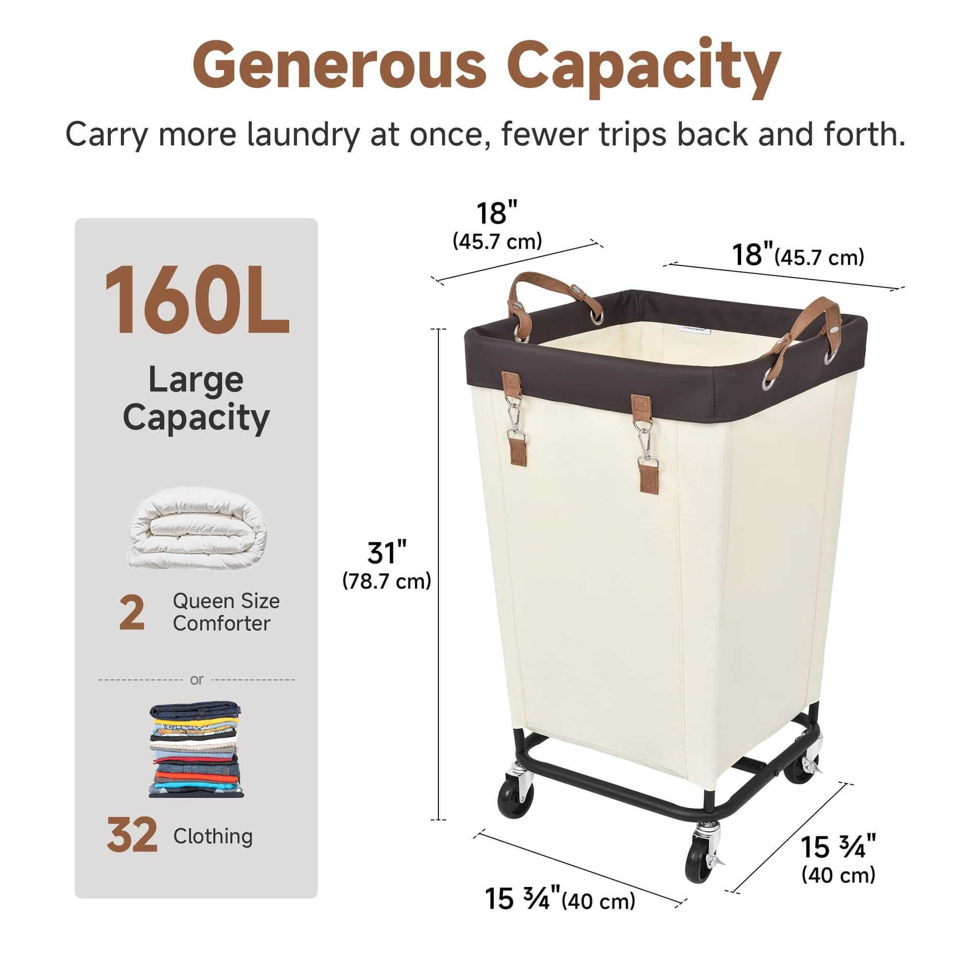 StorageWorks 160L Laundry Basket with Wheels, Large Rolling Hampers for Clothing Organizer, Dirty Clothes Basket for Hotel, Home, Closet, Dorm, Beige thumbnail 3
