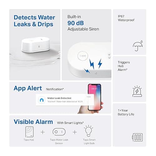 Tapo T300 Smart Water Leak Detector, Water Leak Sensor, Drip Leak Alert, Real-Time Notifications, 90 dB Alarm, IP67 Waterproof, Battery Included, Flexible Installation, Visible Alarm with Tapo Lights thumbnail 2