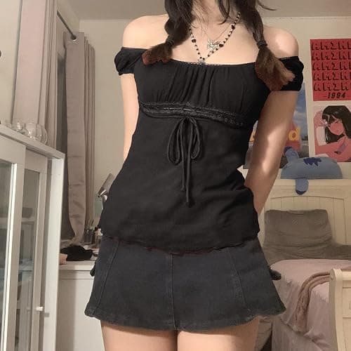 Women Fairy Grunge Y2k Shirts See Through Square Neck Lace Patchwork Tops Vintage Goth Aesthetic Clothing thumbnail 3