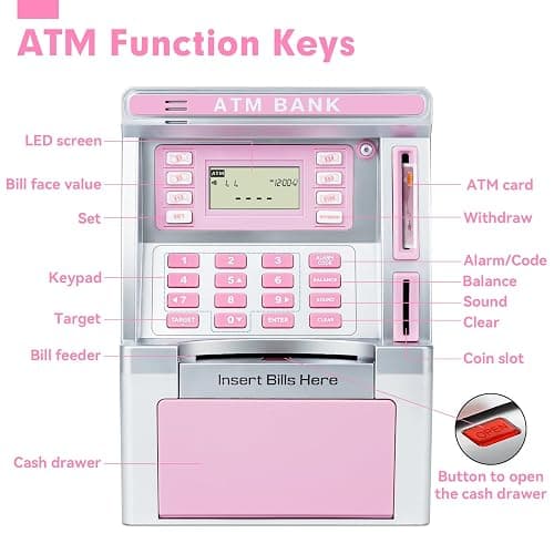 Pink Piggy Bank for Kids, ATM Machine Bank for Real Money with Debit Card, Bill Feeder, Coin Recognition, Balance Calculator, Electronic Savings Safe Box, Gifts for Teen Boy Girl thumbnail 7