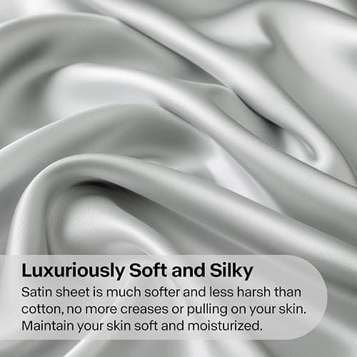 BEDELITE Satin Fitted Sheet & Pillowcases Set, Full Size, Grey, 3 Pieces | Luxury Soft Silk-Like Fitted Sheet Set, 15 Inch Deep Pocket, Elegant Smooth and Reduces Friction, Gentle on Hair and Skin thumbnail 3