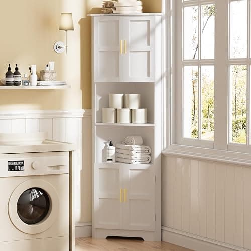 67'' Tall Corner Cabinet with Storage Shelves and 4 Doors, Modern Storage Cabinet with Barn Door Design, Home Space Saver for Living Room, Kitchen, Bathroom, Laundry Room, White thumbnail 3