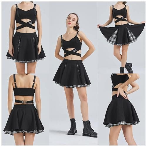 Kisidoo Gothic Skirts Cute High Elastic Waisted Plaid Kilts for Women Trendy Hem Flared Knee Length Mini Skater Skirt thumbnail 4