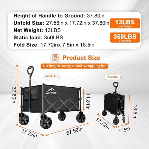 Collapsible Folding Wagon Cart, 350LBS Utility Large Capacity Cart Foldable Wagon with All Terrain Wheels, Grocery Wagons Carts for Garden Shopping Sports Camping, Black thumbnail 2