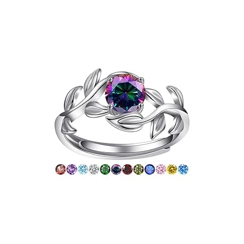 Yaresul 0.8CT Adjustable Women Leaf Ring, White Gold Birthstone Rings for Women Adjustable Wedding Ring for Women Simulated Gemstone Statement Engagement Stackable Open Size 5-9 - F-June