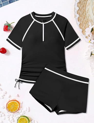 TyeSmo Girls Swimsuit Rash Guard Bathing Suit for Girls 2 Piece Short Sleeve Solid Color UPF 50+ Padded Zip Swimwear 7-14y thumbnail 7