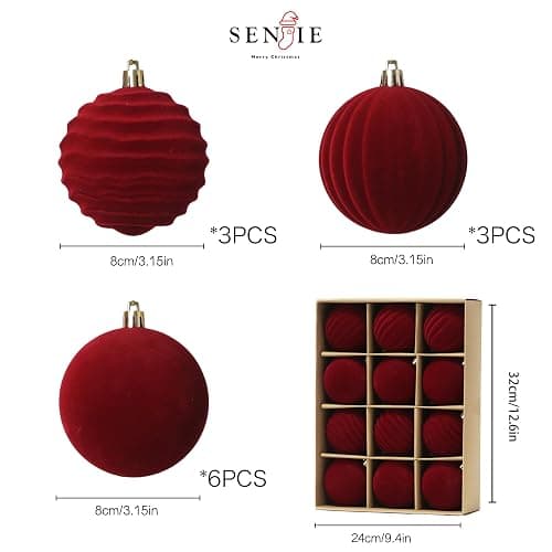 Senjie 3.15inch Burgundy Velvet Christmas Ornaments Balls Flocked Christmas Tree 12PCS Plastic Balls Xmas Hanging Ornaments Decoration Red thumbnail 3