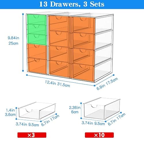 Acrylic Makeup Organizer with 13 Drawers, Bathroom Counter Organizer, Acrylic Organizers, Desk Organizer, Office Supplies, Storage Drawers for Cosmetic, Pencil, Coffee, etc 3 Pack thumbnail 3