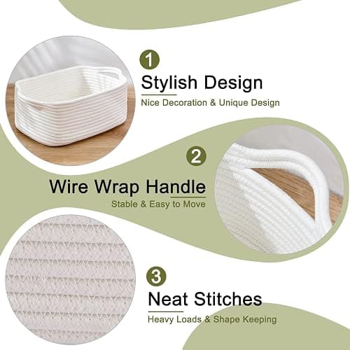 OIAHOMY Cotton Rope Storage Baskets | Decorative Storage Basket for Closet Storage, Home Organizing Bins and Nursery Decor | Cotton Rope Woven Baskets for Storage Shelf, Pure and White thumbnail 4