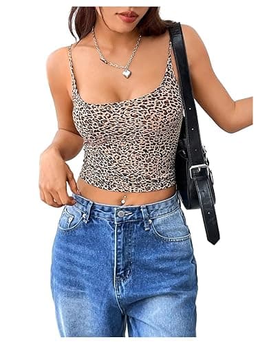 BEAUDRM Women's Y2K Leopard Print Cami Crop Tops Square Neck Spaghetti Strap Camisole Cheetah Tank Top - X-Small - Yellow thumbnail 5