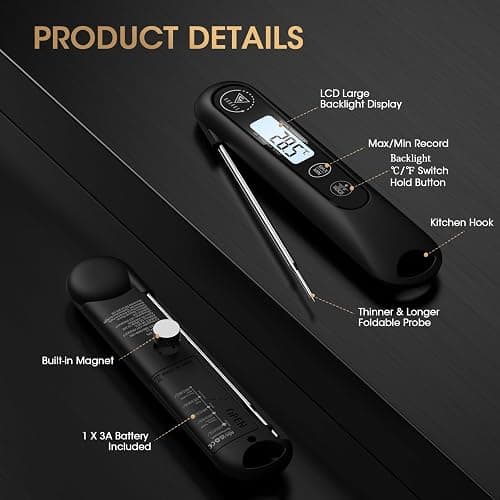 DOQAUS Meat Thermometers, 3S Instant Read Food Thermometer, Accurate Meat Thermometer Probe With Backlight, Foldable Long Probe, Auto On/Off, Cooking Thermometers for Kitchen, BBQ, Water, Milk(Black) thumbnail 8