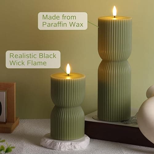 Girimax Olive Green Ribbed Flameless Pillar Candles with Remote, LED Candles Battery Operated Flickering Real Wax Set of 2 thumbnail 6