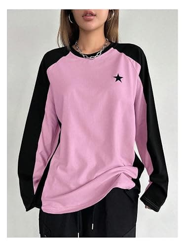 SHENHE Women's Color Block Crew Neck Star Graphic Raglan Shirt Loose Long Sleeve Tee Top thumbnail 5
