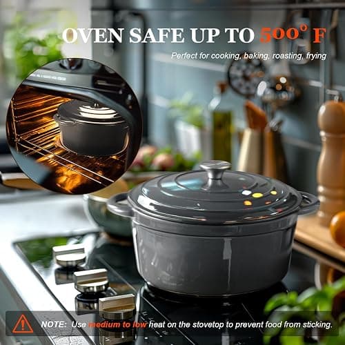 Overmont Enameled Cast Iron Dutch Oven - 7QT Pot with Lid Cookbook & Cotton Potholders - Heavy-Duty Cookware for Braising, Stews, Roasting, Bread Baking grey thumbnail 5