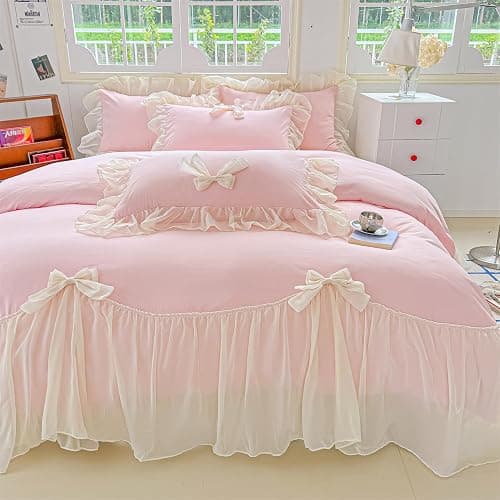 SOUKECHY Chic Lace Bedding,Girls Twin Aesthetic Comforter Cover Set,Romantic French Princess Style Ruffled Duvet Cover with Lovely Bow with Zipper Closure-Pink,Twin Size thumbnail 4