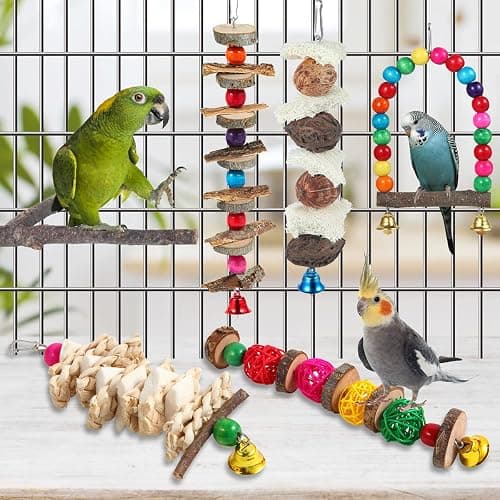 Bird Perch & Toys - 6 Pack Accessories, Wooden Chew Toys & Perch Stand for Parakeet, Conure, Cockatiel, Lovebird, Parrotlet, Budgie, Finches & Other Small to Medium Sized Birds thumbnail 2