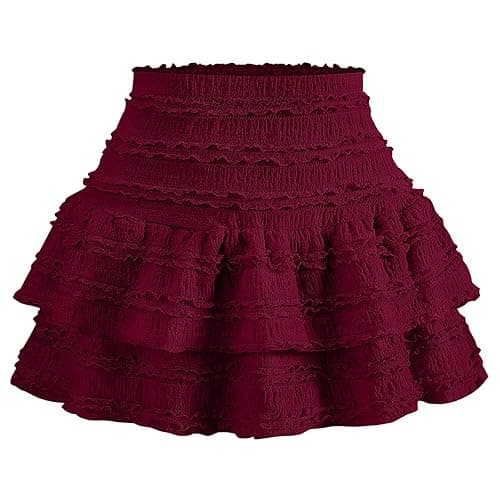 Women's Pleated Ruffle Mini Skirt Lace High Waist Layered Flared Flowy Tiered Short Skirt - Image 1