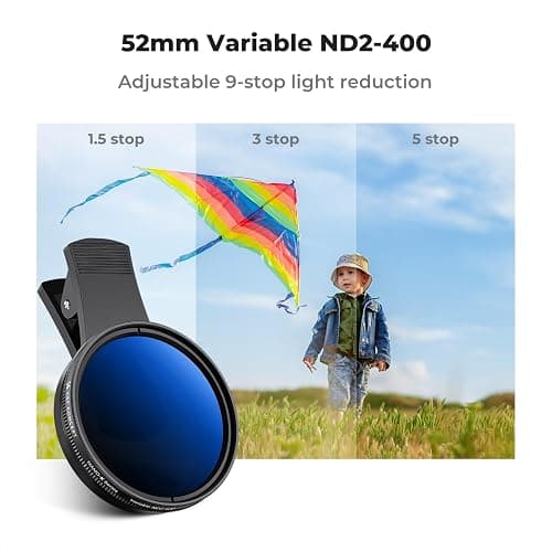 K&F Concept 52mm Clip-on ND2-400 Phone Camera Lens Filter Kit, Adjustable Neutral Density Filter Compatible with iPhone 15 14 13 12 11 thumbnail 3