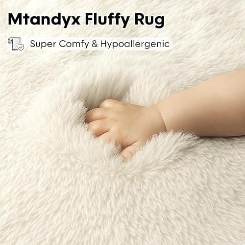 Mtandyx Area Rugs for Living Room, Bedroom, Cream Plush Fluffy Carpet | 6x9 Non-Slip Upgrade High Pile Carpet, Thick Soft Fuzzy Rug, Kid Boys Girls Playroom. Cozy, Modern Design. thumbnail 3