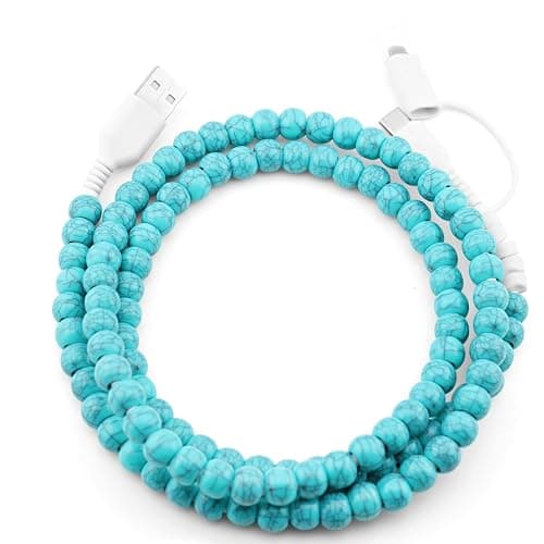 Stylish [Apple MFi Certified] Beaded Phone Charger Cable Metallic Colors USB Cable 2 in1 USB-C Charging Cord for Smartphones 3.3ft (Turquoise) - Image 1