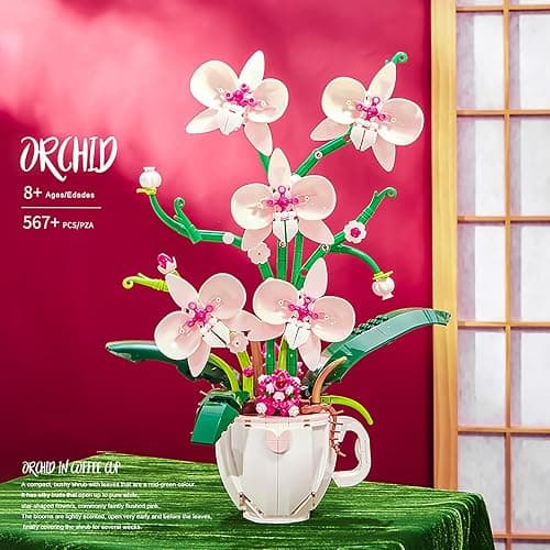 iixeal Pink Orchid Flower Building Set for Adults, Coffee Cup Orchid Botanical Collection Plant Building Kit, Home and Office Decor Gift for Christmas Day, Valentines, Birthday 567pcs thumbnail 7