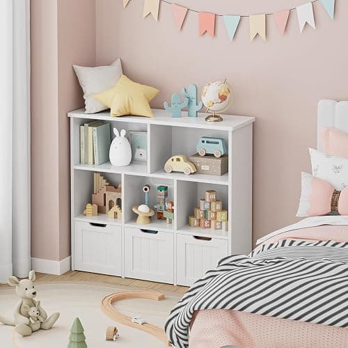 FOTOSOK Toy Storage Organizer with 3 Movable Drawers, Toy Organizer with Hidden Wheels and 5 Open Cubbies, Multifunctional Floor Storage Chest for Playroom, White thumbnail 9
