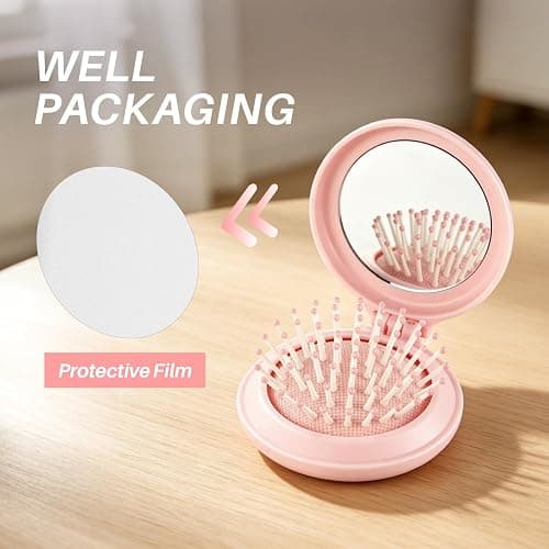 Jurrissa Folding Hair Brush with Mirror for Women Men and Kids，Portable Compact Hair Brush for Purse Pocket Bags, Travel Size Foldable brush with Case, Easy to Carry(Pink) thumbnail 5