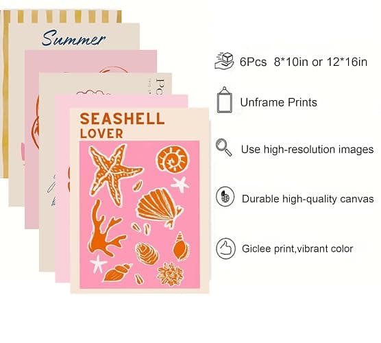 6 Pcs Coastal Style Poster Wall Art,Pink Orange Preppy Style Painting Picture Wall Decor,Beach Seashell and Starfish Canvas Print Artwork,for Bathroom Girl Room Dormitory Home Decoration Unframed thumbnail 3