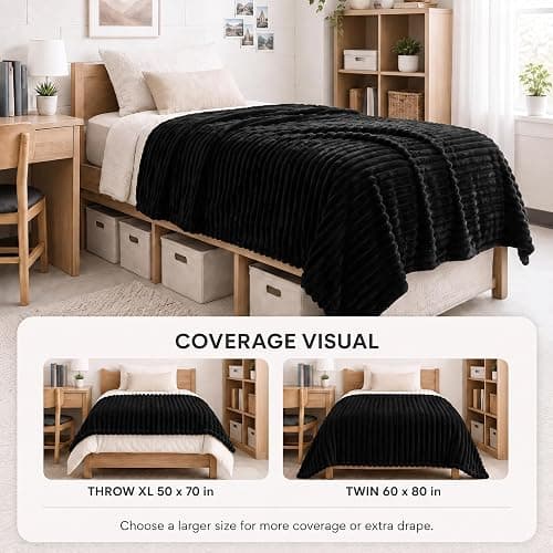 HIMEET Black Twin Blanket for Bed, 300GSM Ribbed Fleece, 60 x 80 Inches | Ultra Soft Flannel, All-Season Lightweight Warmth, Bed Layering Pick & Dorm Essential, Gift for Men & Women, Machine Washable thumbnail 4
