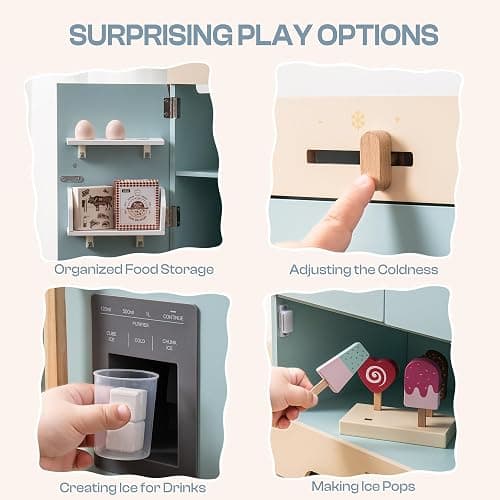 ROBUD Fridge Refrigerator with Ice Dispenser, Wooden Play Fridge Freezer Set for Kids, Toddler Kitchen Playset with Full Accessories Pretend Play Set, Gift for Boys & Girls, Age 3+ thumbnail 7