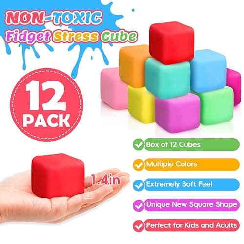 VISCOO 12 Pack Slow Rising Stress Cube, Stress Balls Fidget Squishy Toys | Squeeze Toy for Anxiety Relief, Pull Stretch Squishy Ball for Classroom Prize, Party Favors for Kids Adults thumbnail 2