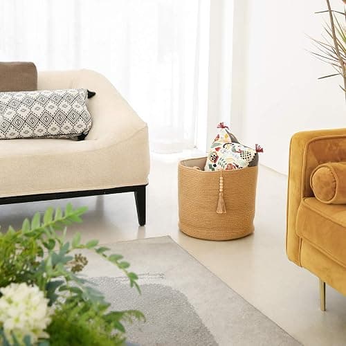 Mkono Woven Storage Basket Decorative Natural Rope Basket Wooden Bead Decoration for Blankets,Toys,Clothes,Shoes,Plant Organizer Bin with Handles Living Room Home Decor, Jute, 16" W × 13.8" L thumbnail 5