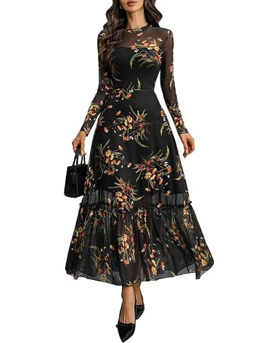 GothDark Womens Floral Mesh Dress Long Sleeve Round Neck A Line Gothic Vintage Casual Wedding Guest Maxi Dresses - Image 1