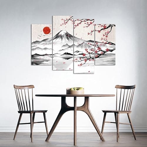 LyerArtork 4 Panel Japanese Ink Painting Wall Art Mount Fuji with Moon Pictures Wall Decor Cherry Blossom Canvas Print Japan Traditional Artwork for Living Room Bedroom Decoration thumbnail 3
