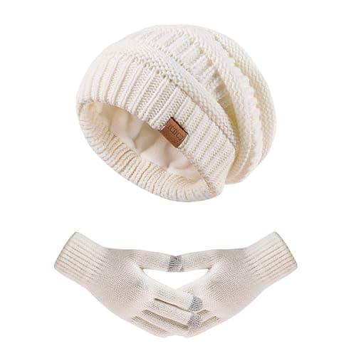 Women's Beanie Hat Gloves Set, Fleece Lined Winter Hat with Touchscreen Gloves for Cold Weather - Image 1