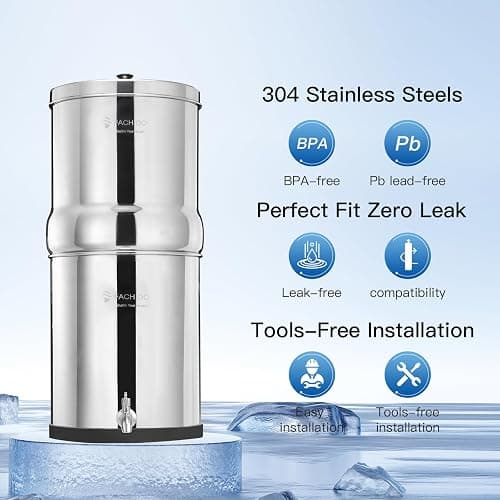 FACHIOO 2.25 Gallon Stainless Steel Gravity-Fed Water Filter System with 2 White Ceramics Purification Washable Filter, Portable Countertop Filter System for Home and Outdoor Camping Use thumbnail 8