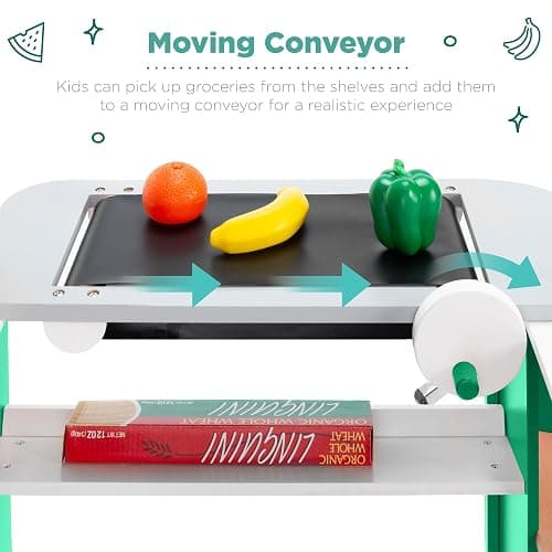 Best Choice Products Pretend Play Grocery Store Wooden Supermarket Toy Set for Kids w/Play Food, Chalkboard, Cash Register, Working Conveyor - Green thumbnail 6