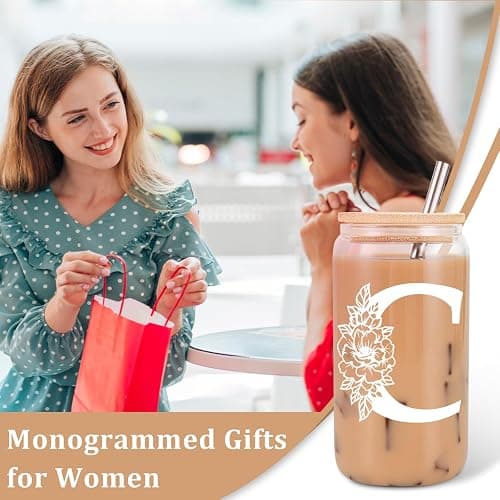 Coolife Initial Glass Cup, Monogrammed Gifts for Women, 16 oz Glass Cups w/Lids Straws, Iced Coffee Smoothie Beer Tumbler w/Straw Lid, Personalized Valentines, Birthday Gifts for Her Mom Friend Woman thumbnail 4