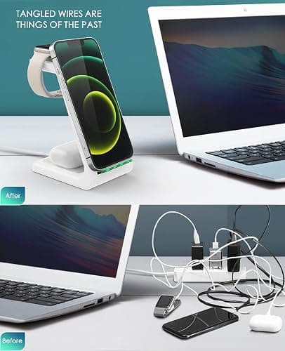 3 in 1 Wireless Charging Station, 2025 Upgraded Fast Desk Charger Station for iPhone 17 16 15 14 13 12 Pro Max Plus, Charger Stand for Apple Watch 11 10 9 8 7 6 5 4 3 2 Ultra SE, Airpods 4 3 2 Pro thumbnail 6