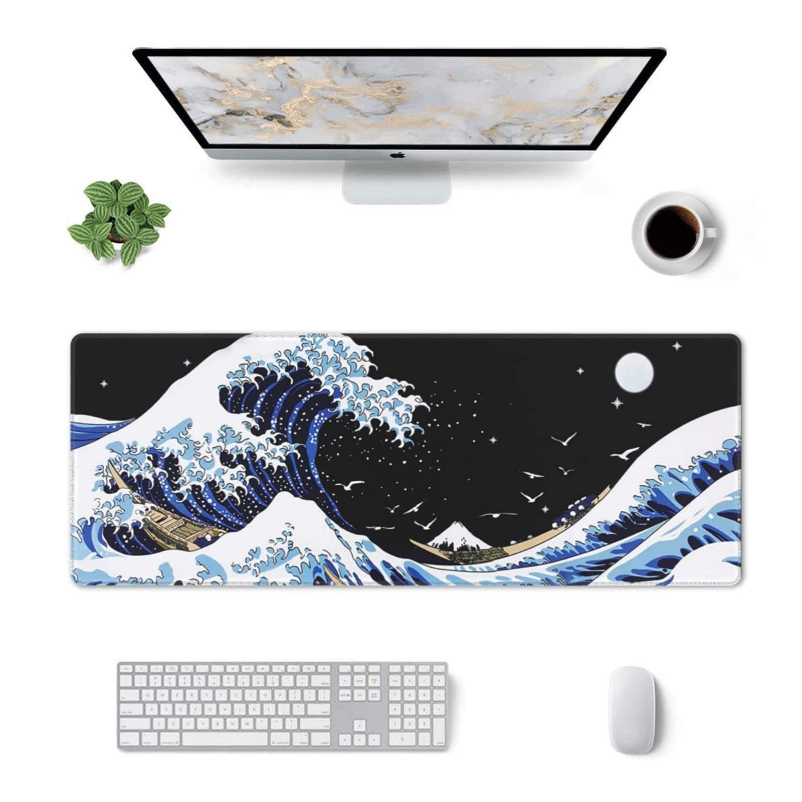 Japanese Blue and Black Sea Wave Mouse Pad - Abstract Blue Desk Mat, 31.5x11.8 Inch, Non-Slip Rubber Base, Stitched Edges - Keyboard Mouse Mat for Office, Home, Game thumbnail 3