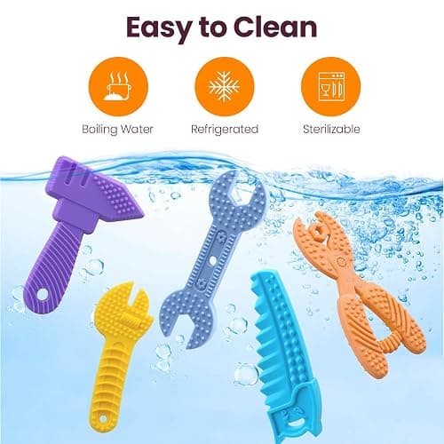 LaNoah Toys Infant Teething Tools Set: Includes 2 Clips! Soft BPA Free Teething Toys, 5 Piece Construction Set, Baby Boy Essentials Einstein, Gift for Infant Toddler Boy Girl thumbnail 3