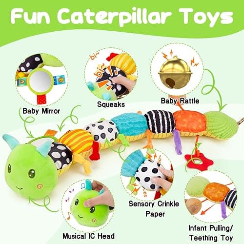 Baby Sensory Toy 0-6 Month Music Animal Stuffed Plush Caterpillar Toy for Infant 0-3-6-12 Month Old Tummy Time with Mirror Crinkle Rattle Toys for Newborn Boys Girl Shower Gifts Easter Basket Stuffer thumbnail 2