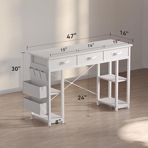 oneinmil White Vanity Desk, Computer and Study Desk with Fabric Drawers & Side Storage Bag, no Mirror. Makeup Vanity Table, Home Office Desk, Modern Writing Desk, 48"x16". thumbnail 2
