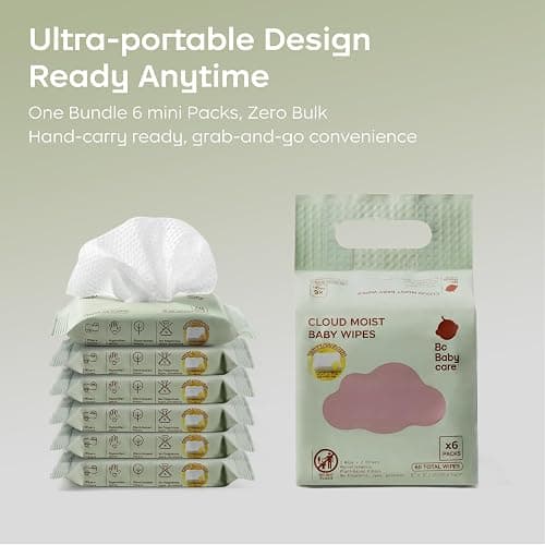 Bc Babycare Cloud Moist Baby Travel Wipes, 6 Pack, On The Go Pocket Size, Ultra Thick, 99% Water, Unscented, Hypoallergenic for Sensitive Skin, Biodegradable thumbnail 5