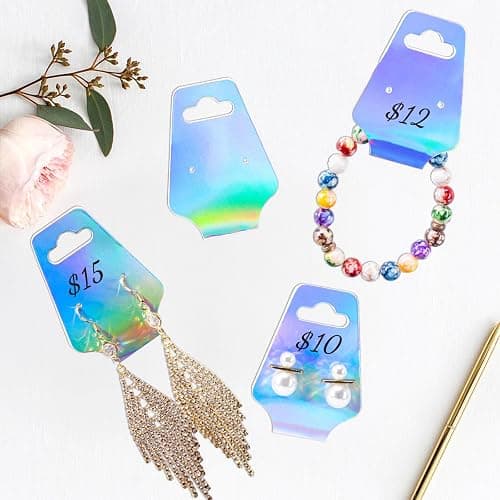 joycraft 100Pcs Bracelet Display Cards, 4.7x1.7Inch Self-Adhesive Necklace Display Cards, Earring Paper Holder Tags, Jewelry Packaging Tags for Jewelry Scrunchies Keychain,Laser thumbnail 7