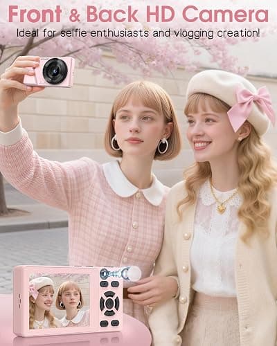 4K Digital Camera with Front Rear Lens, Autofocus and 32G Card, Metal Shell | Built-in 2000mAh Battery, Non-Slip Handle,64MP with Flash, 2.8" Screen, 18X Zoom for Beginner Teens Adult, Party,Travel, Pink thumbnail 2