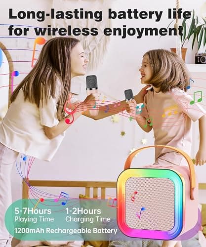 Mini Kids Karaoke Machine Toy Ages 3-12, 2 Wireless Mics Bluetooth Speaker | LED Party Lights, Voice Changer, Duets, BT 5.3, Rechargeable Portable, Christmas Birthday Gifts for Toddler Boys & Girls thumbnail 6