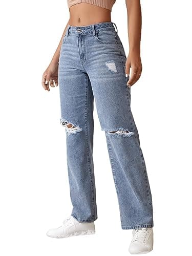 SweatyRocks Women's Ripped Straight Leg Jeans High Waist Distressed Cutout Denim Pants - Image 1
