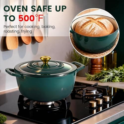 Enameled Cast Iron Dutch Oven 5 Qt with Lid, Green | For Sourdough Bread, Stews & Roasts, Oven Safe to 500F, Works on Gas, Electric & Induction Stovetops. thumbnail 5