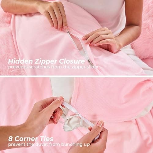 Sasttie 3-Piece Fluffy Duvet Cover Queen, Ultra Soft Faux Fur and Velvet Pink Comforter Cover, Luxury Fuzzy Bedding Sets for Winter Bed, Includes 1 Duvet Cover and 2 Pillowcases, No Comforter thumbnail 6